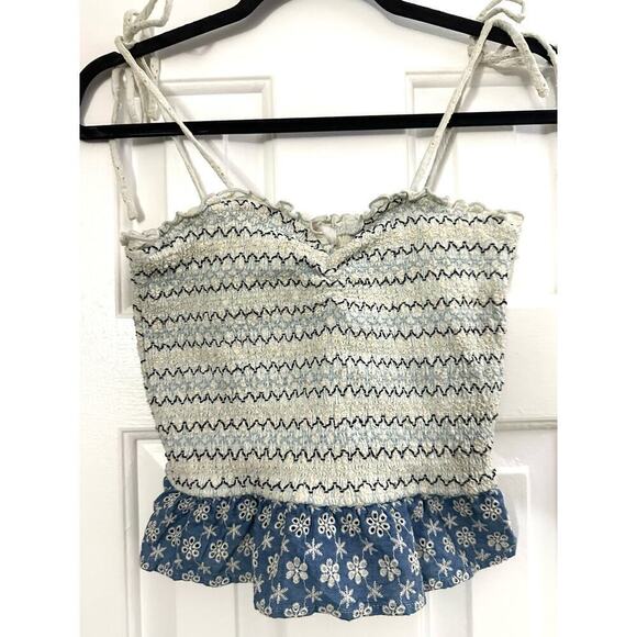 SUMMERLAND Boho Festival Smocked Eyelet Lace Ruffle Crop Top Tank Embroidered - Picture 2 of 3